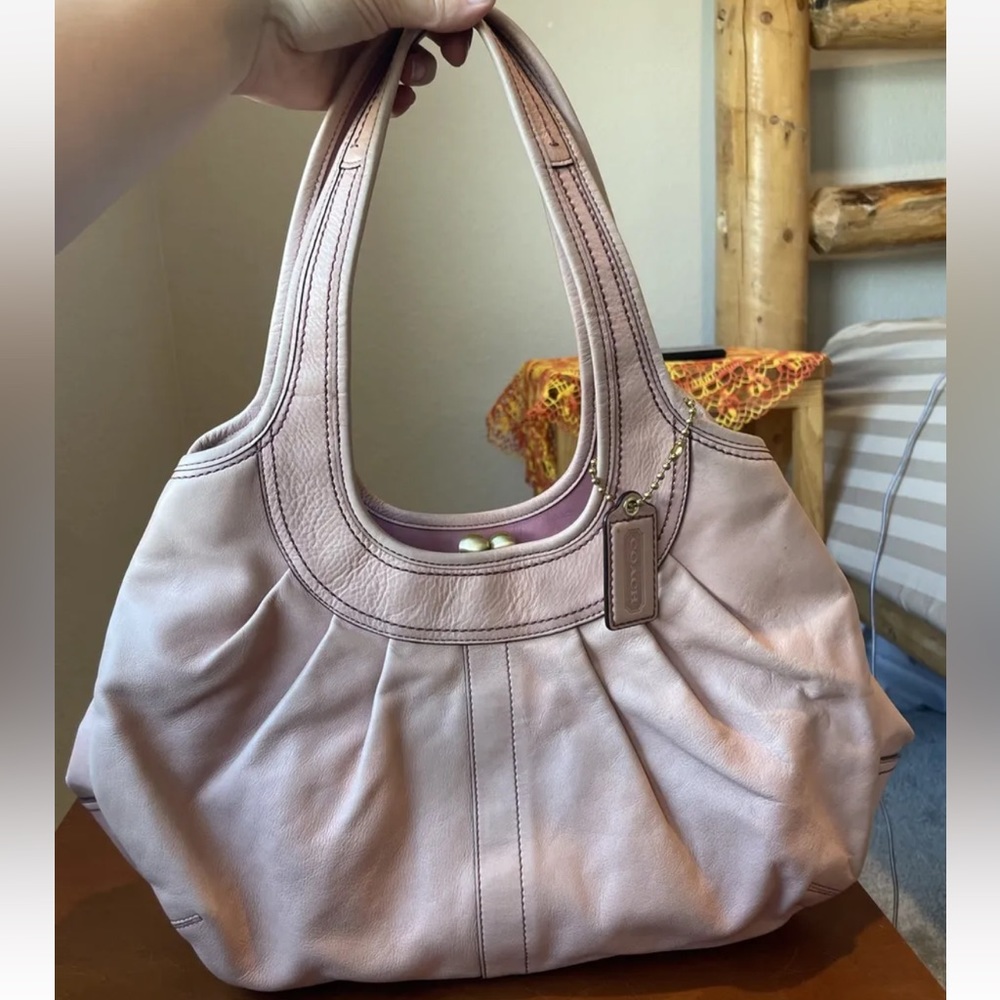 coach pink leather pleated ergo tattersall lining 12248 large tote kisslock